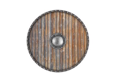 Beyaz arka planda izole edilmiş eski ahşap kalkan.
