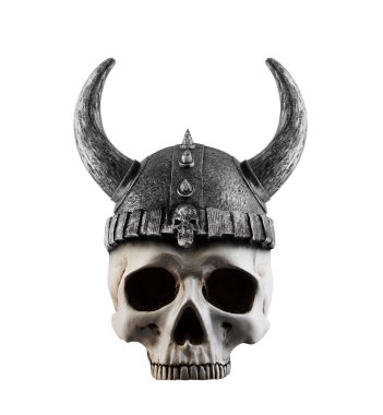 Beyaz arka planda izole edilmiş boynuzlu miğferli insan kafatası 