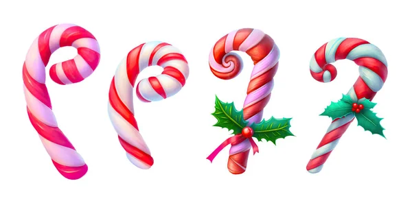 Négy Cukornád Egy Sorban Karácsonyi Dekoráció Elszigetelt Fehér Háttér Digitális — Stock Fotó