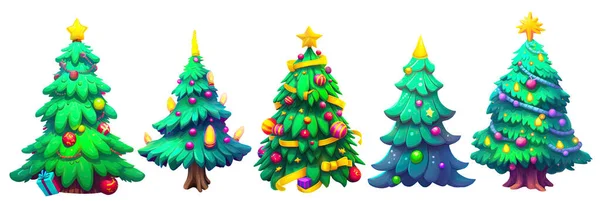 Nette Cartoon Weihnachtsbäume Einer Reihe Mit Bunten Kugeln Lichtern Und — Stockfoto