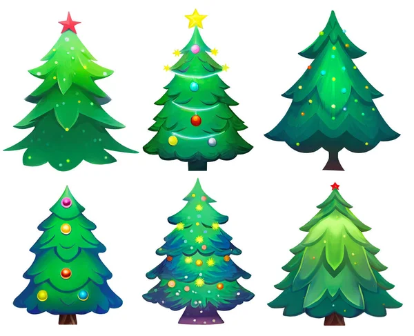 Σύνολο Χριστουγεννιάτικα Δέντρα Διακοσμημένα Μπάλες Που Απομονώνονται Λευκό Φόντο Ψηφιακή — Φωτογραφία Αρχείου