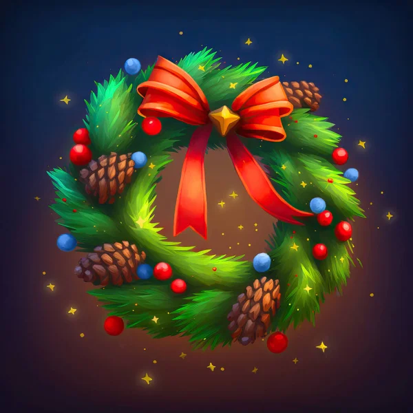 Köknar Ağacı Dallarının Noel Çelengi Mavi Arka Planda Sarı Fiyonk — Stok fotoğraf