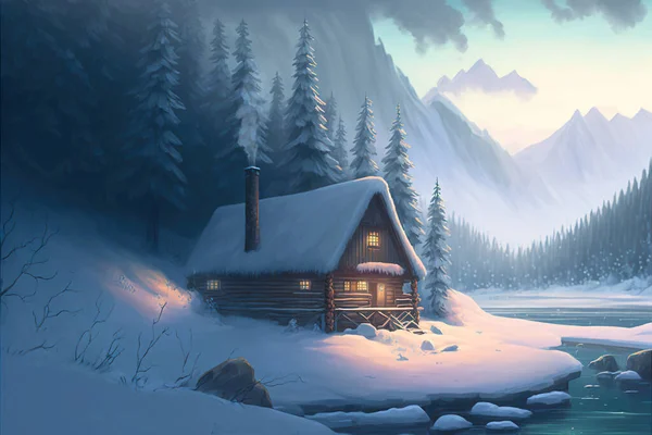 Wooden cabin at shore of mountain lake, snowy winter landscape, generative AI illustration