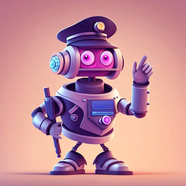 Funny robot policeman with police hat and stick with finger pointing up. Generative AI illustration