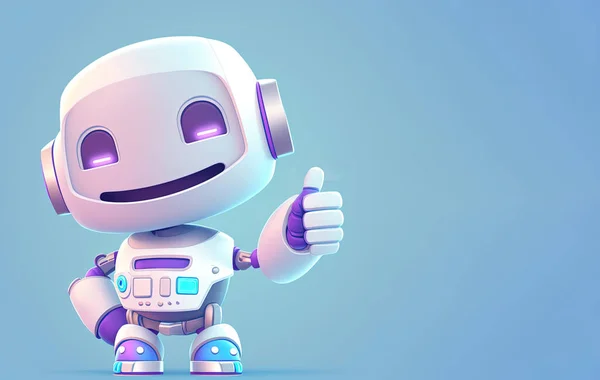 Cute little robot making thumbs up gesture over blue background. Generative AI illustration