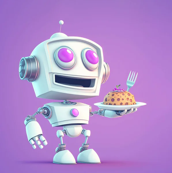 Cute Android Waiter Serving Dessert Purple Background Robot Cafe Concept Imagem De Stock