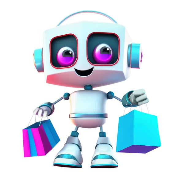 Cute Smiling Robot Holding Shopping Bags Isolated White Background Illustration Fotografia De Stock