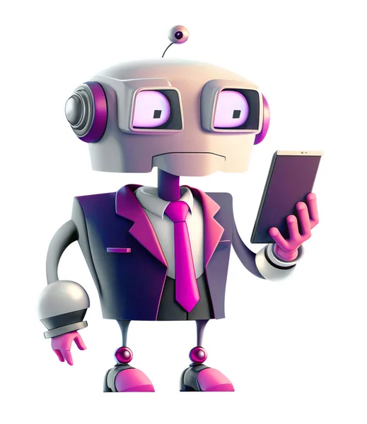 Cartoon Robot Ceo Business Suit Stands Looking His Mobile Phone Imagem De Stock
