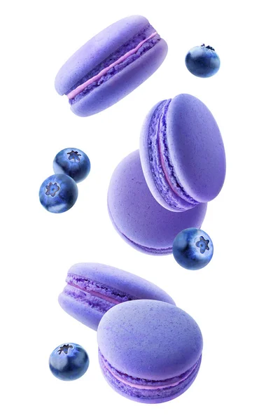 Blue Macarons Blueberries Falling Vertical Isolated White Background Fotografias De Stock Royalty-Free