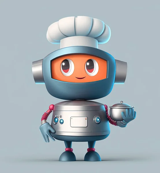 Cute robot chef standing holding a pot over light grey background. 3D illustration