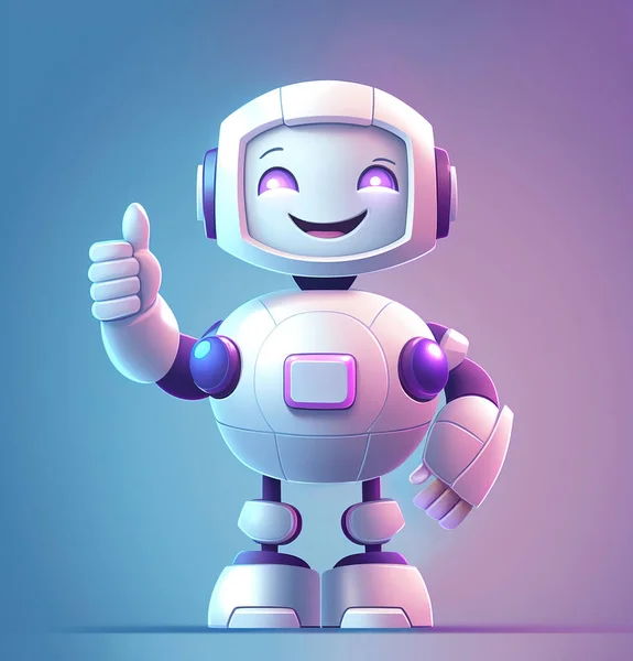 Happy robot showing thumbs up with its hand over blue background, full body. 3D illustration