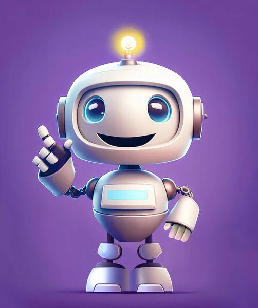 Little happy robot mascot with finger pointing up over blue background. 3D illustration