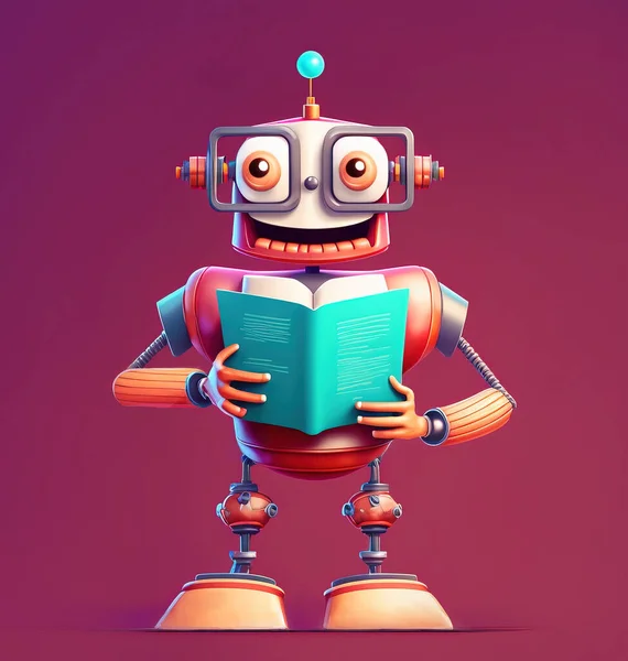 Machine learning concept, funny robot wearing glasses holding a book standing over dark red background. 3D illustration