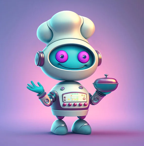 Happy robot chef presenting food over blue pink background. 3D illustration
