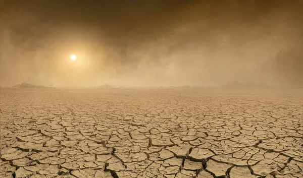Panorama Arid Barren Land Cracked Soil Sun Barely Visible Approaching Imagens Royalty-Free
