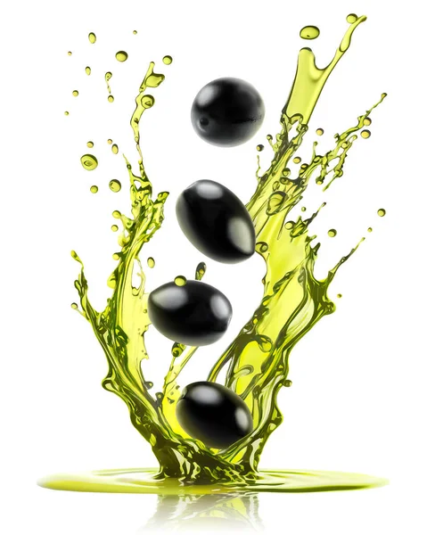 Zwarte Olijven Die Olijfolie Vallen Met Een Plons Geïsoleerd Witte — Stockfoto