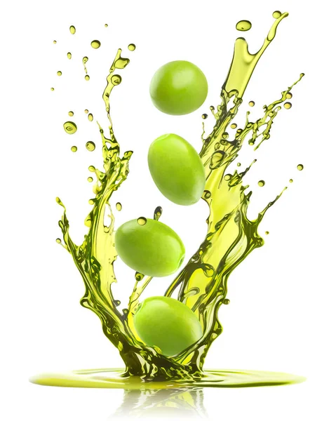 Zelené Olivy Padající Olivového Oleje Šplouchnutím Izolované Bílém — Stock fotografie