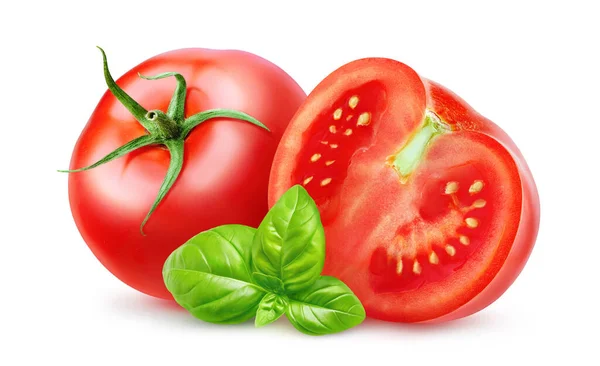 Tomaten Und Basilikumblatt Isoliert Auf Weiß Schneiden — Stockfoto
