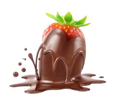 Çikolata soslu çilek, beyaz arka planda izole edilmiş.