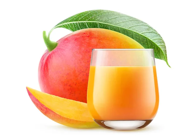 Mangosaft Glas Und Frische Rote Mangofrüchte Mit Blatt Isoliert Auf — Stockfoto