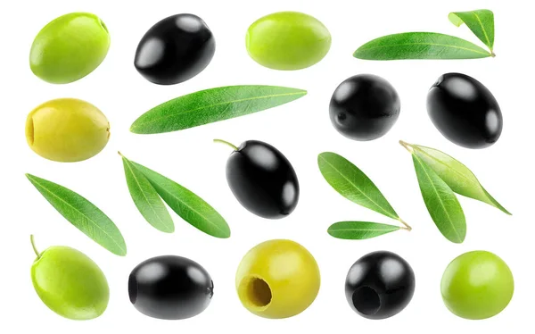 Zöld Fekete Olajbogyó Gyümölcsök Fehér Alapon Izolált Olajfalevelek Gyűjteménye — Stock Fotó