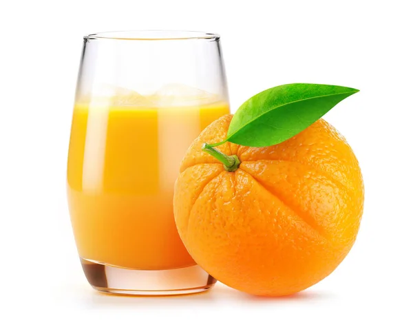 Orange Juice Glass Ice Whole Orange Fruit Isolated White Background — Stock Photo, Image