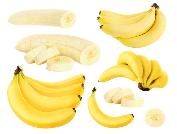 Colección Frutas Plátano Enteras Peladas Cortadas Aisladas Sobre Fondo Blanco Fotos de stock libres de derechos