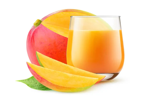 Szklanka Soku Mango Pokrojone Plasterki Czerwone Owoce Mango Izolowane Białym Obrazek Stockowy