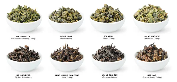 Collection Chinese Oolong Tea Loose Dries Leaves Bowls Isolated White — Stockfoto