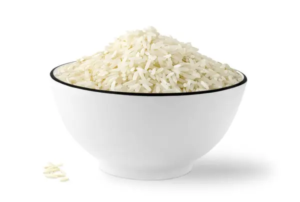 Schüssel Mit Rohem Weißen Reis Isoliert Auf Weißem Hintergrund — Stockfoto