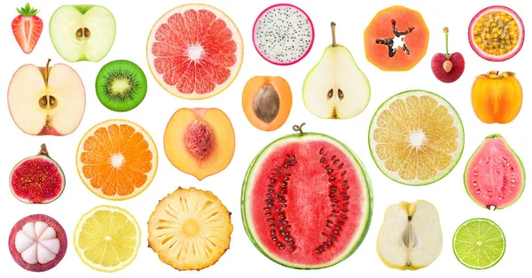 Verzameling Van Verschillende Vruchten Dwarsdoorsneden Geïsoleerd Witte Achtergrond Stockfoto