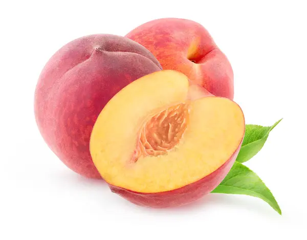 Frisch Geschnittene Pfirsichfrüchte Isoliert Auf Weißem Hintergrund Stockfoto
