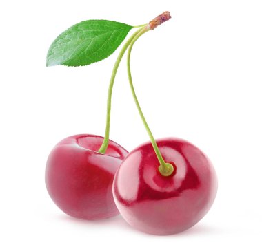 Birbirine bağlı iki kiraz meyvesi ve beyaz arkaplanda yaprak var.