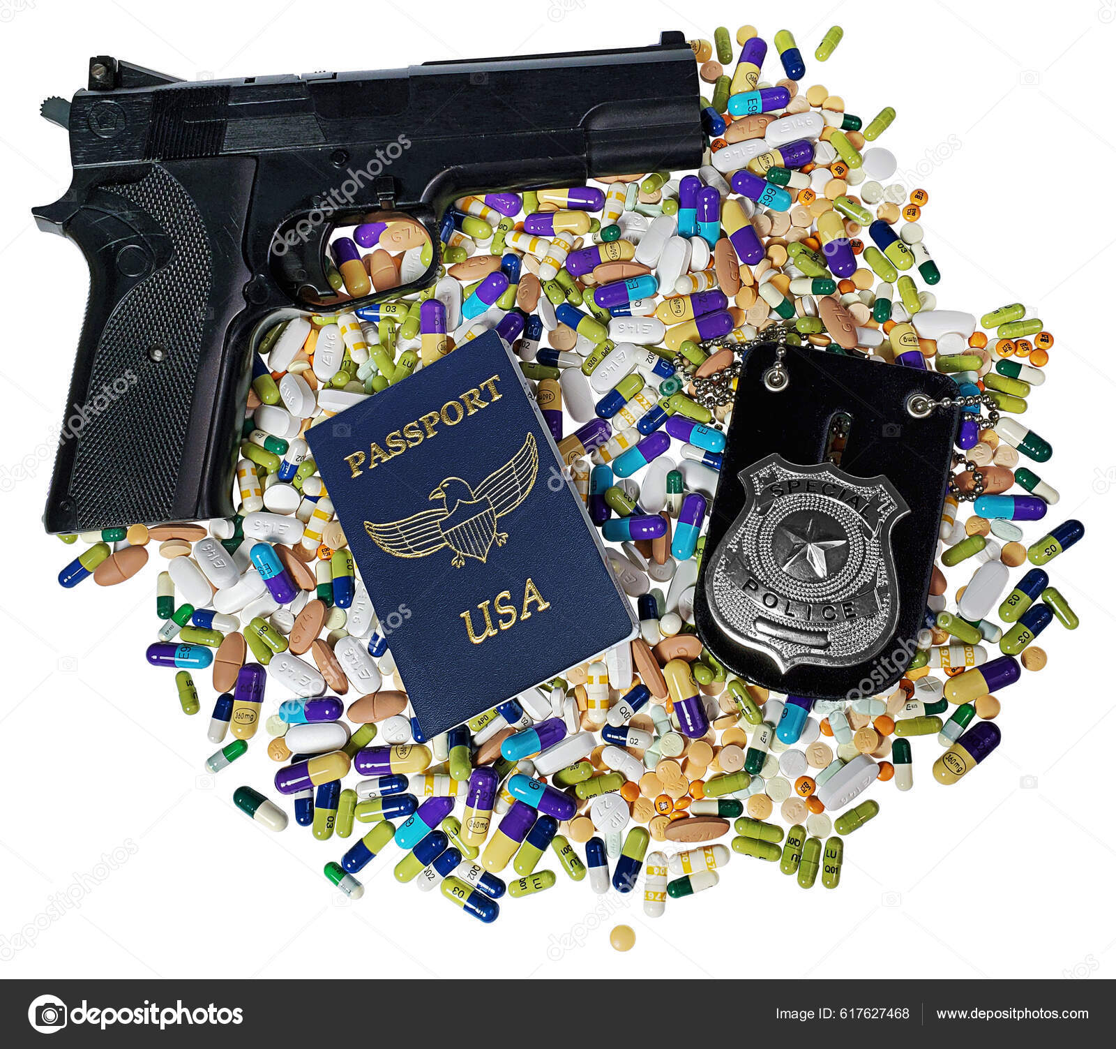 Blue Passport Gun Police Badge Many Medical Pills — Stock Photo © penywise  #617627468