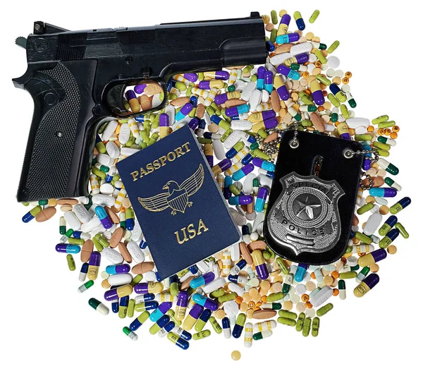 Passaporto Blu Con Pistola Distintivo Della Polizia Molte Pillole Mediche — Foto Stock