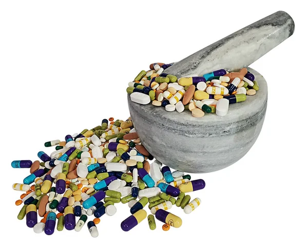 Marble Mortar Pestle Crushing Ingredients Assortment Pills — Stock Photo, Image