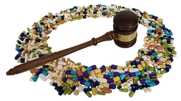 Wooden Gavel Used Court Pills Show Legal Issues Illegal Drugs — Stock Photo, Image