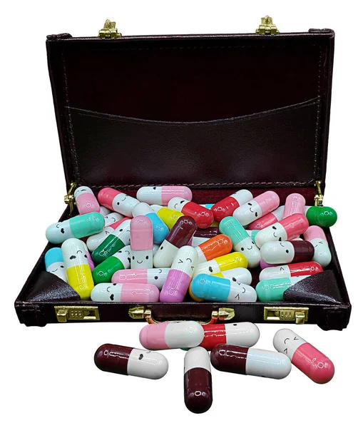 Kožený Kufřík Používaný Nošení Věcí Během Podnikání Plných Šťastných Pilulek — Stock fotografie