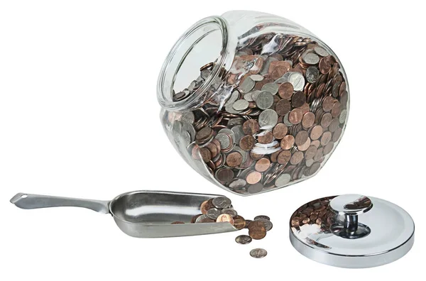Large Glass Jar Lid Full Coins Scoop — Stock Photo, Image