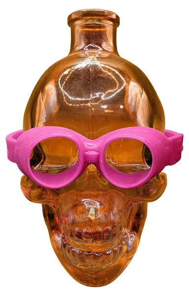 Frasco Crânio Humano Vidro Com Óculos Rosa Macios — Fotografia de Stock