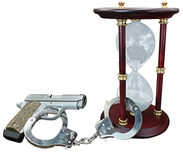 Gun Hourglass Handcuffed Together Show Doing Time — Stock Photo, Image