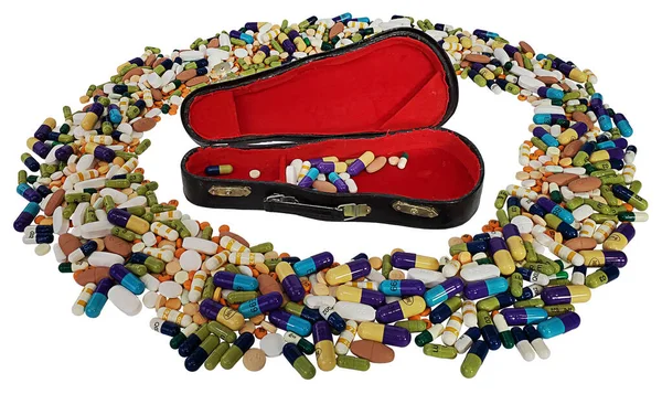 Guitar Case Pills Showing Drugs Entertainment Industry — Stock Photo, Image