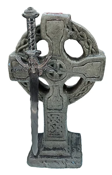 Keltisk Gravsten Och Vintage Svärd — Stockfoto