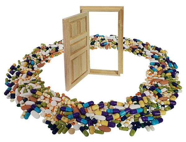 Otwarte Drzwi Drewniane Asortyment Pigułek Medycznych Ułożonych Kole — Zdjęcie stockowe