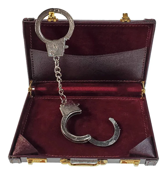 Pair Silver Handcuffs Hanging Briefcase ストック写真