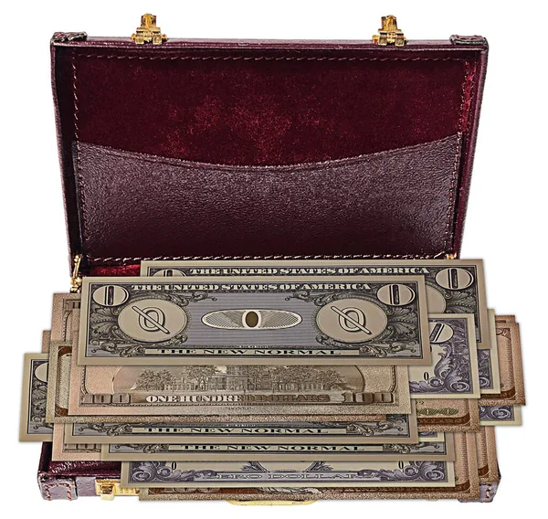 Mala Couro Aberta Cheia Dinheiro Questionável Incluindo Notas Zero Dólares — Fotografia de Stock