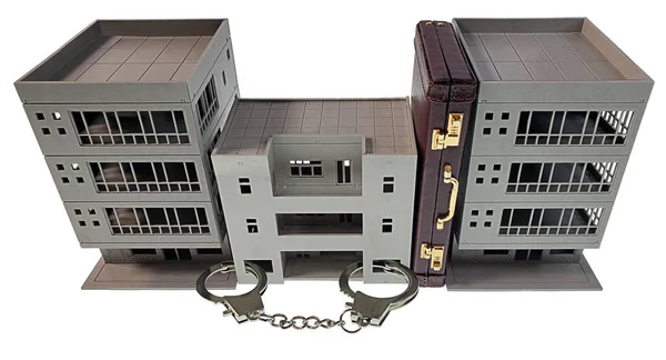Buisiness District Issues Shown Buildings Briefcase Handcuffs — Stock Photo, Image