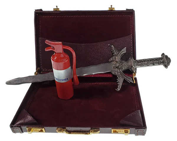 A fire extinguisher, sword and briefcase showing the decision whether to fight or put out fires in business