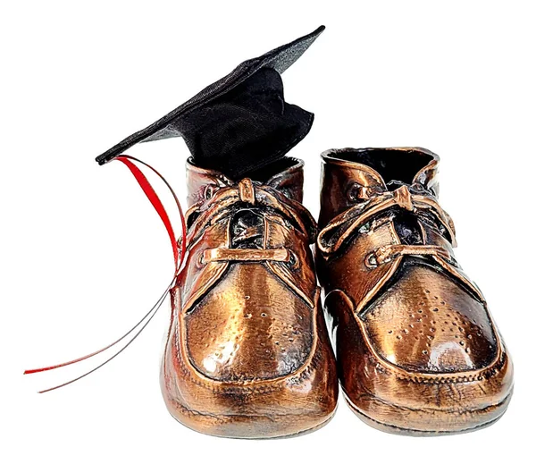 Bronzed Baby Shoesand Graduation Cap Show Planning Future — Stock Photo, Image