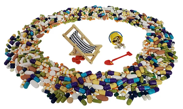 Beach Chair Shells Shovels Surrounded Pills Show Recreational Drug Use — Stock Photo, Image